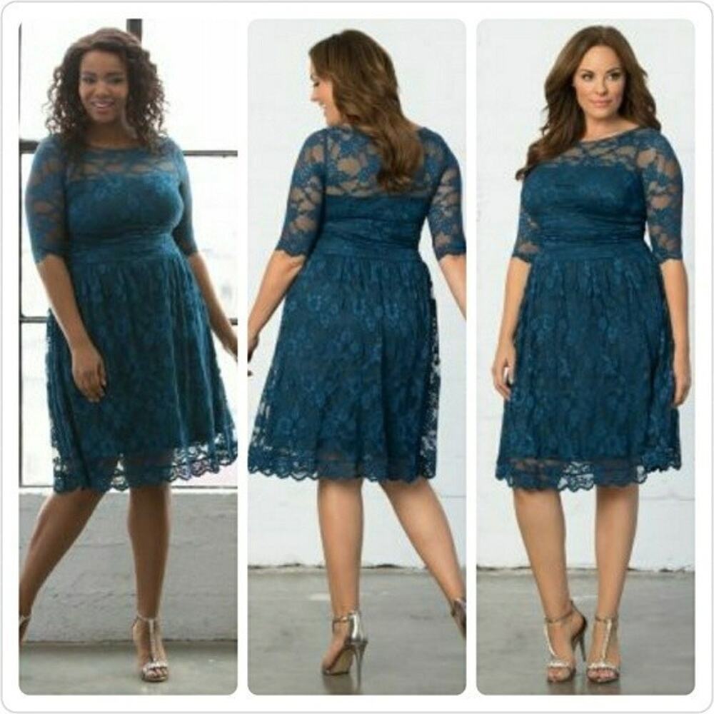 Kiyonna Party Dress Blue Luna Lace 1X Scalloped Lined Fit +Flare Lined Feminine
